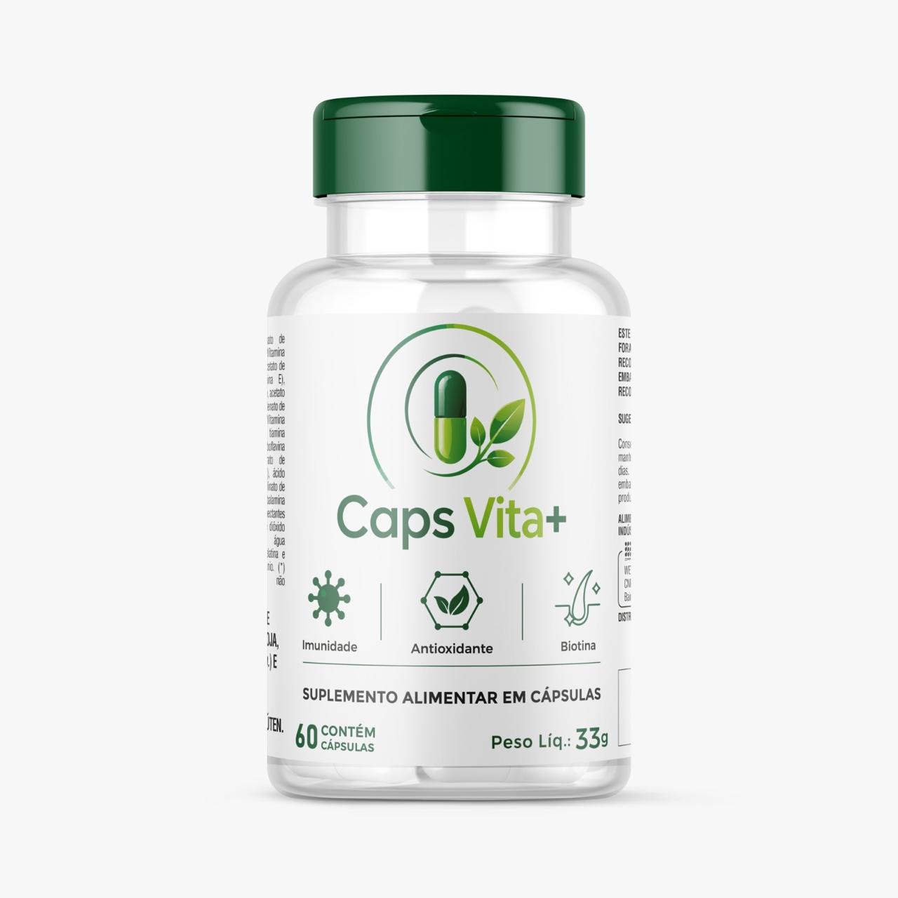 Frasco do suplemento alimentar Caps Vita+ com 60 cápsulas