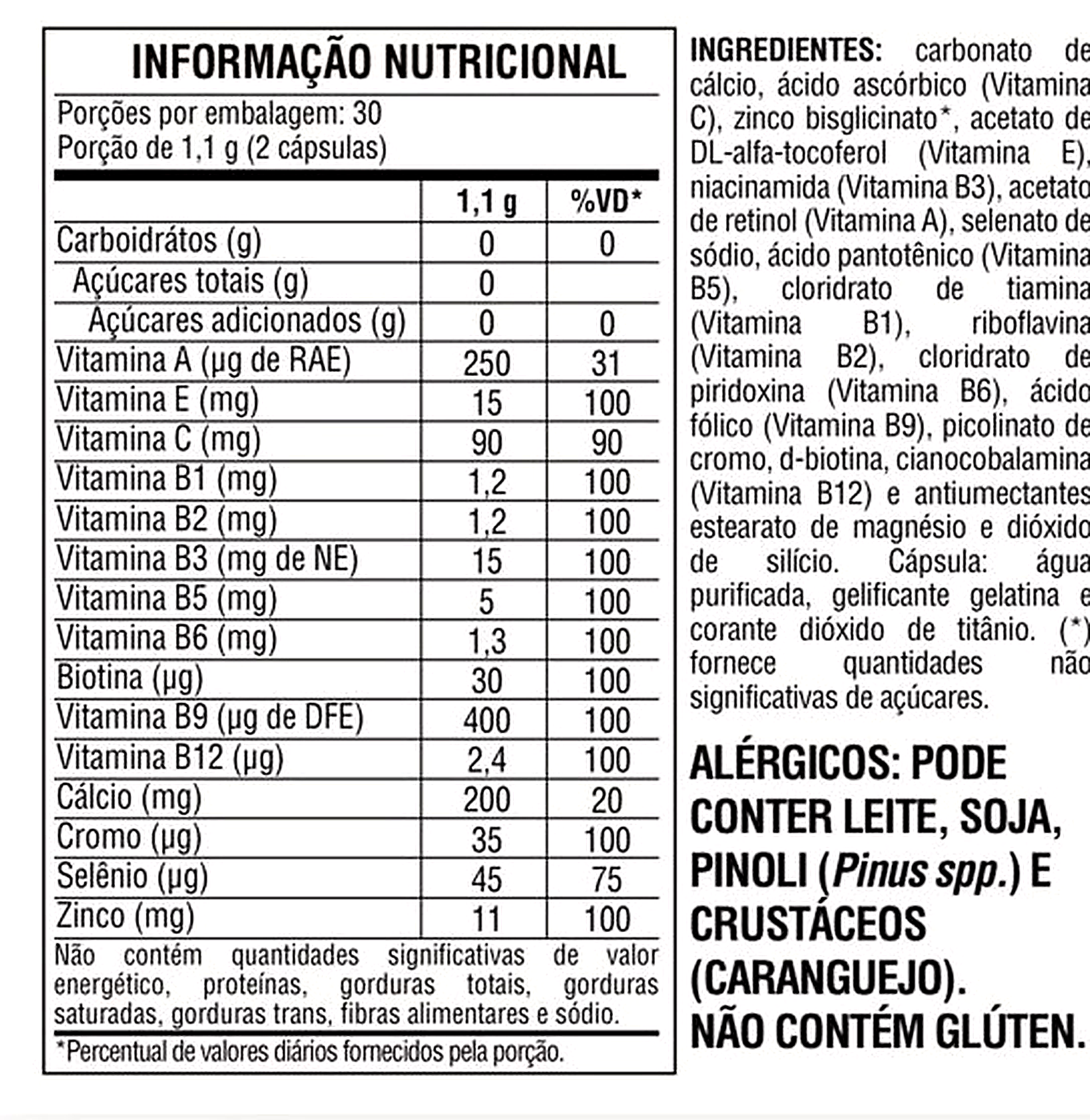 Tabela de informação nutricional e ingredientes do Caps Vita+